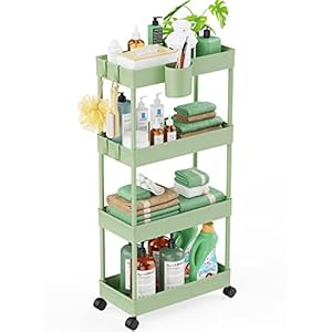 LEHOM Slim Rolling Storage Cart – 4 Tiers Bathroom Organizer Utility Cart Slide Out Storage Shelves Mobile Shelving Unit for Kitchen, Bedroom, Office, Laundry Room, Small Narrow Spaces, Green