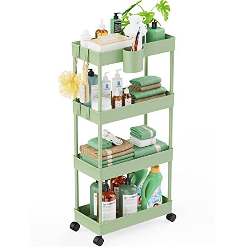 LEHOM Slim Rolling Storage Cart – 4 Tiers Bathroom Organizer Utility Cart Slide Out Storage Shelves Mobile Shelving Unit for Kitchen, Bedroom, Office, Laundry Room, Small Narrow Spaces, Green