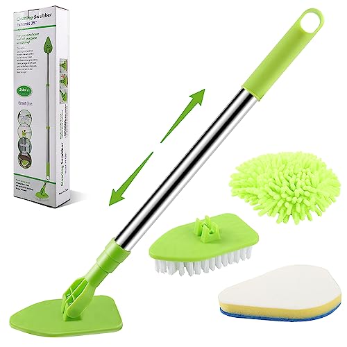 Bathroom Cleaning Brush, 3-in-1 Tub Tile Scrubbing Brush with Extendable Long Handle, Bathroom Scrubber Tool Adjustable Shower Cleaning Brush for Floor Bathtub Tile Wall Cleaning - Green