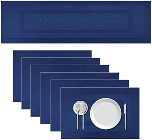 GoTCele Placemats Non-Slip Heat-Insulation Plastice Placemats and Tablerunner Washable Vinyl Placemat for Kitchen Dinner Table Set of 7 (Blue)