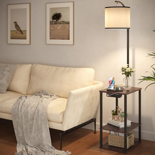 Image of SUNMORY Floor Lamp with Table, End Table for Living Room with Lamp, Shelves Side Table with Charging Station(USB & AC Port), 3 Color Temperature LED Bulb, Modern Nightstand Lamp for Bedroom, Office