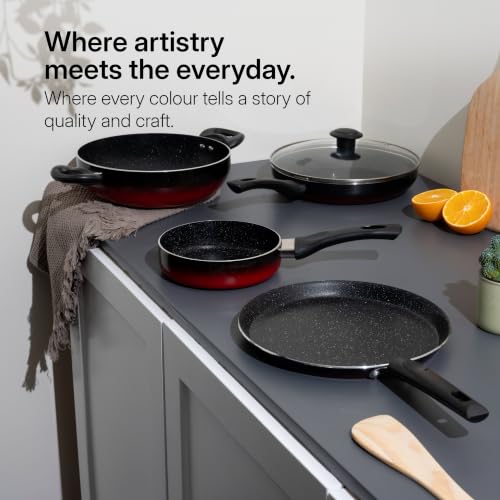 Image of Kreme Aura Granite Non Stick Cookware Set 7pcs | Aluminium Cookware Set | Non Stick Flat Tawa, Fry Pan, Sauce Pan, Kadhai with Glass Lid | Uses Less Oil | Induction Gas Stove Compatible, Red