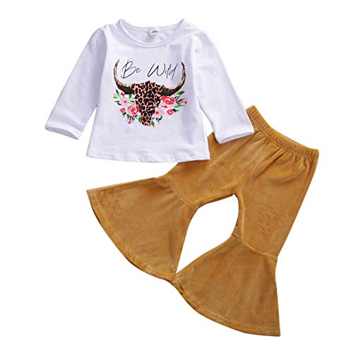 Toddler Baby Girls Leopard Outfits Long Sleeve Shirt Sunflower Bell-Bottom Pants Fall Clothes Sets Yellow Floral