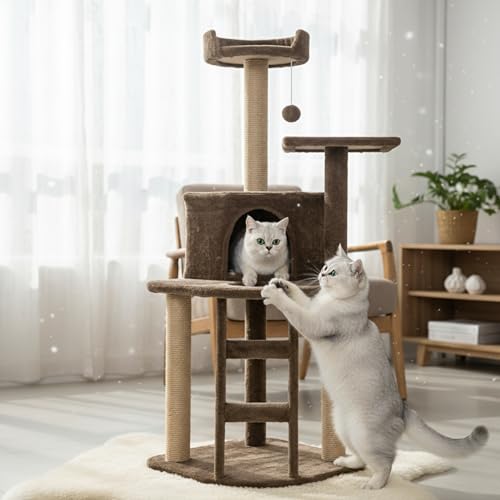 Image of Multi-Level Cat Tree Tower, 47 Inch Tall Green Plush Condo with Natural Jute Posts, Platforms, Perches, 19 Inch Base (FURR-49) (Brown)