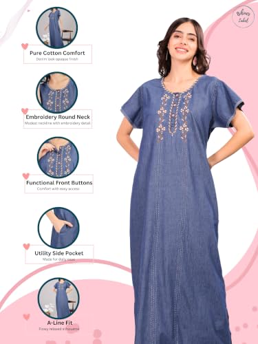 Image of 9shines Label Stylish Denim Cotton Nighty Maxi for Women | Full Length Trendy Nightgown | Premium Nightdress | Nightwear | Embroidery Nighty with Pocket (9SDS)