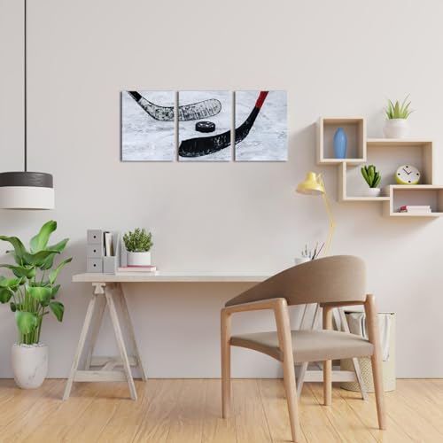 Biuteawal 3 Panels Black and White Canvas Art Ice Hockey Stick Photography Painting Sports Wall Art for Ice Rink Gym Man Boys Bedroom Decor Stretched and Framed Ready to Hang by Biuteawal - Used condition - Image 3
