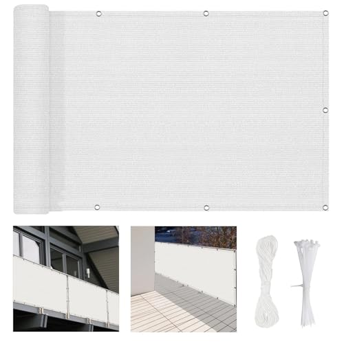 Balkon Sichtschutz Ohne Bohren 350 x 70 cm HDPE Uv-Schutz Windschutz, Blickdichte Balkonumspannung,Balkonverkleidung, mit Kabelbinder Und Kordel, für Balkon Zaun Garten, Weiß