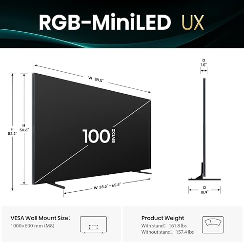 Image of Hisense 100-Inch Premium UX Series RGB-MiniLED 4K UHD HDR Google Smart TV(100UX, 2025) - RGB MiniLED, Up to 8000 nits, 3D Color Master Pro, Native 165Hz Panel, 6.2.2 CineStage X