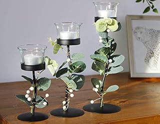 HomeZone Set of 3 Eucalyptus Tea Light Candle Holders Home Decor Iron & Glass Ornamental Tealight Holder Decorative Festive Table Christmas Centrepiece