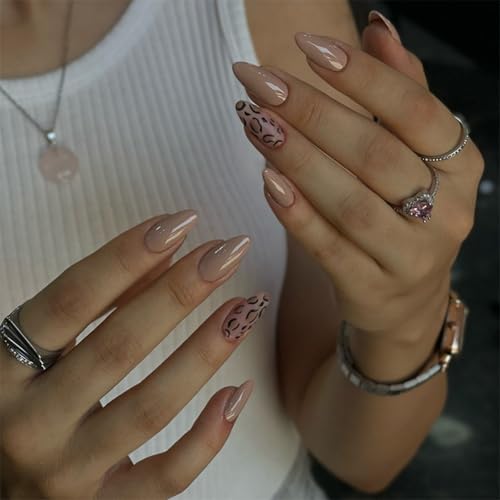 Image of Fall Press on Nails Leopard Print Fake Nails Pure Color False Nail Glossy Full Cover Glue on Nails Reusable Artificial Acrylic Stick on Nail for Women Girls Manicure 24Pcs