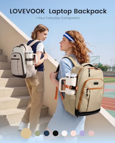 Image of LOVEVOOK Laptop Backpack for Women, Waterproof Work Travel Backpack with Large Cup Pockets for Teacher Nurse, 17.3 inch Computer Bag College Bookbag Daypack, Gifts for Women, Khaki-brown