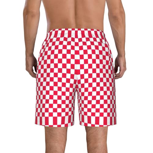 Red Checkered White Squares Print Men's Casual Beach Shorts Quick Dry Lightweight Drawstring Shorts with Pockets3