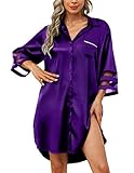 HBZDQB Womens Satin Night Gown Sexy Button Down Sleepshirt Long Sleeve Silk Nightwear Travel Nightgown Purple XXL