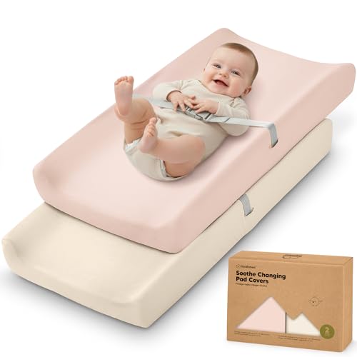 Image of 2-Pack Organic Changing Pad Covers for Girl, Boy, Neutral - 100% Cotton Changing Table Pad Cover, Soft Baby Nursery Diaper Changing Pad Sheets, Contour Changing Pads Liners, Change Pad Cover (Cameo)