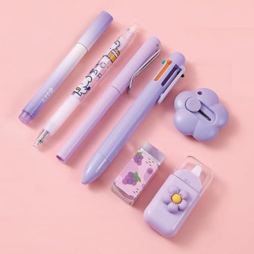 Image of SAMVARDHAN 7 Pcs Cute Purple Stationery Set Kawaii School Supplies Office Supplies Including Ballpoint Pens Pencil Sharpener Highlighter Correction Tape Ruler(Purple)