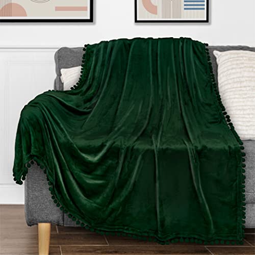 Pavilia Fleece Pom Pom Blanket Throw Sofa Bed Couch Emerald Green, Soft Fuzzy Cozy Lightweight Pompom Fringe Blanket, Decorative Boho Room Home Decor Gift Flannel Throw, Forest Dark Green, 50X60 Inch #TOP2
