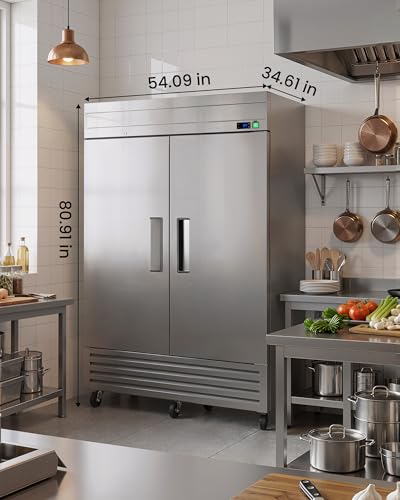 Image of 54 inchW Commercial Freezer, 42 Cu. Ft Reach-In Freezer with 2 Solid Doors | Stainless Steel, Auto Defrost, 8 Adjustable Shelves,Fan Cooling & Locks for Restaurant, Bar and Commercial Kitchen