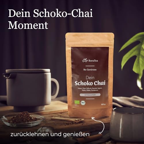 BIO Schoko-Chai Gewürztee ohne Zucker mit Kakaoschalen, Zimt, Süßholz und weiteren aromatischen Chai-Gewürzen, 100g