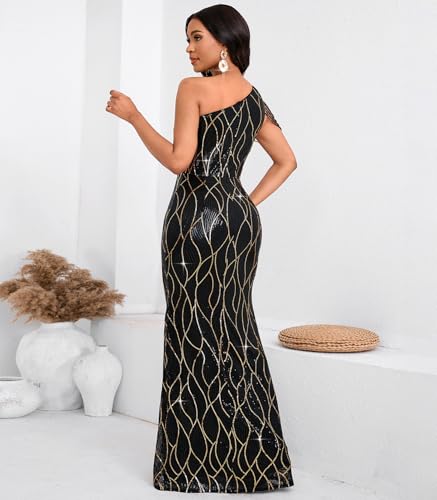 Image of Cololura Women Sequin Elegant Sexy One Shoulder Tassel Mermaid Bodycon Cocktail Evening Dress