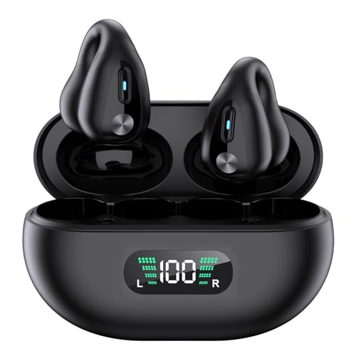 Image of Open-Ear Wireless Headphones Bluetooth Clip On Mini Earbuds Charging Case Ear Buds Sports Bone Conduction Headphones Earphones for TV Phone Laptop Music (Black)