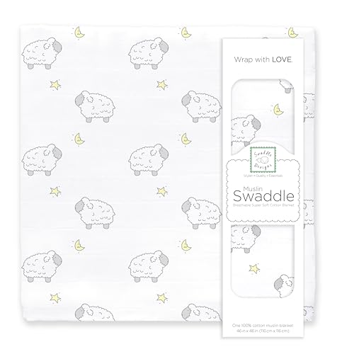 Image of SwaddleDesigns Cotton Muslin Swaddle Blanket, Receiving Blanket for Boys & Girls, Best Shower Gift, 46x46 inches, Little Lambs, Sterling