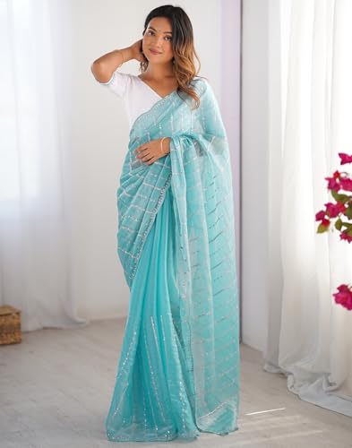 Image of SIRIL Women's Shimmer Chiffon Sequence Embroidery Saree With Unstitched Blouse Piece for Wedding and Parties