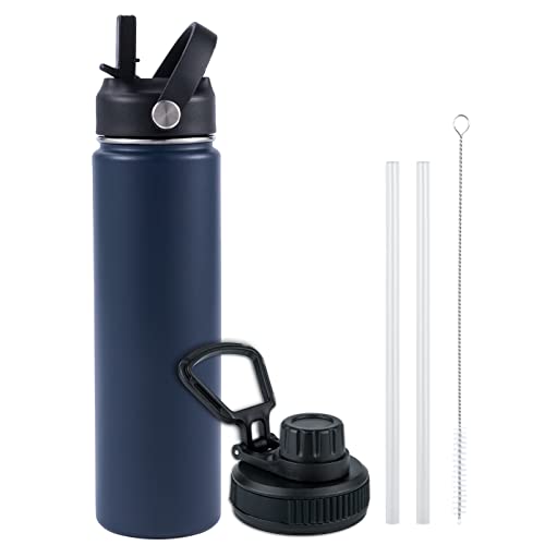 Kerilyn 24 Oz Insulated Water Bottle With Straw, Stainless Steel, Vacuum Double Walled Leak Proof Sports Water Cups Flask With 2 Lids (Straw, Spout), Sweat-Proof Bpa-Free, Navy Blue #TOP6