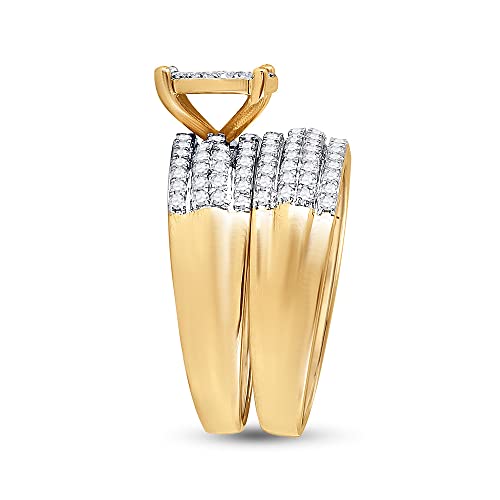 His and Hers Bridal Womens and Mens Engagment and Wedding Band Complete Trio Matching Wedding Rings Set 14K Yellow Gold Round Diamond Cluster 1-1/3 Cttw4