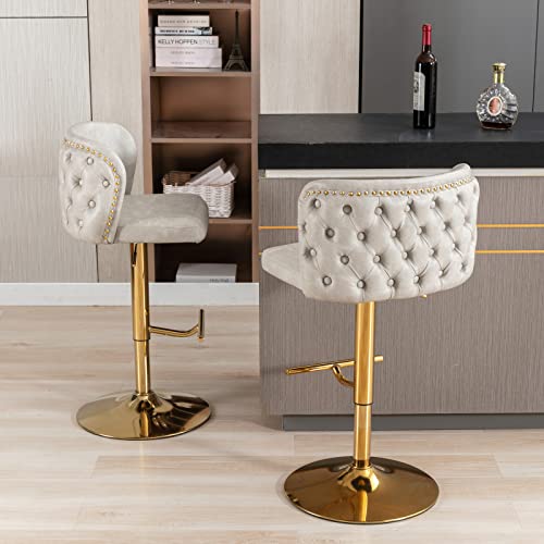 Set de 2 Butacos Deolme de Cuero con Giro 360°, Ajustable en Altura, Piernas de Metal Dorado, Tapizado Beige Crema miniatura 5