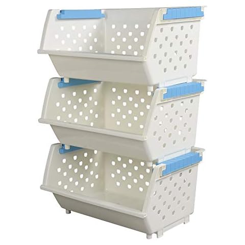 Fosly 3 Tier Large Plastic Stacking Storage Basket Bin, White Cover