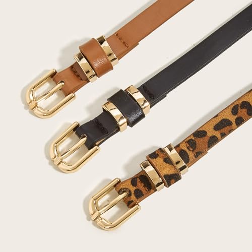 3 Pack Skinny Women Faux Leather Belt for Jeans Ladies Solid Color Thin Waist Belt Leopard Print Belt for Dresses Adjustable with Gold Buckle 0.49" Width2
