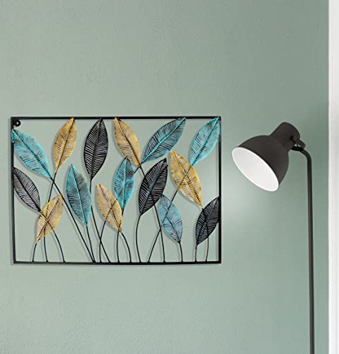 Image of iHandikart Modern Metal Wall Art | 31x22 Inch Horizontal Botanical Leaf Sculpture | Gold, Blue, & Black Framed Decor for Living Room, Dining Room, and Office
