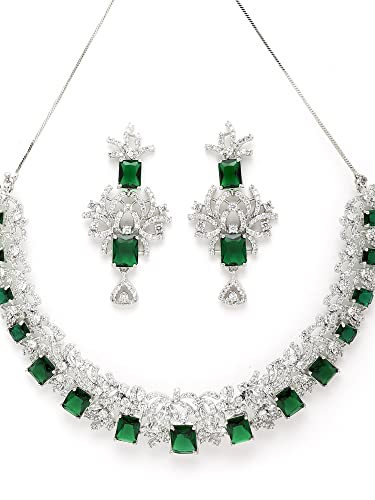 Image of Karatcart Silver Tone Green American Diamond Studded Necklace Set for Women