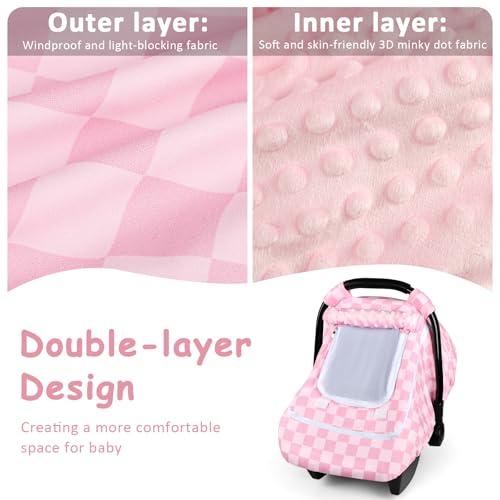 Image of Baby Car Seat Cover with Mesh Window, Windproof Carseat Cover for Infant Girls, Infant Carseat Canopy with with Dual Zipper, Compatible with Most Baby Car Seat, Pink Checkered
