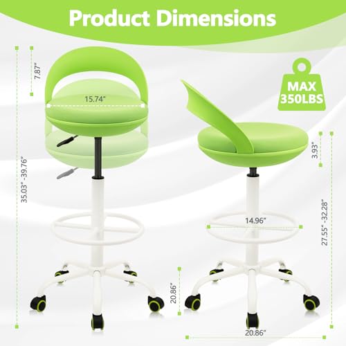 Image of KLASIKA Office Drafting Chair with Back, Ergonomic Swivel Rolling Stool with Footrest, Adjustable Height Standing Desk Chairs for Home Work Shop Kitchen Task Computer Counter Height Bar, Green