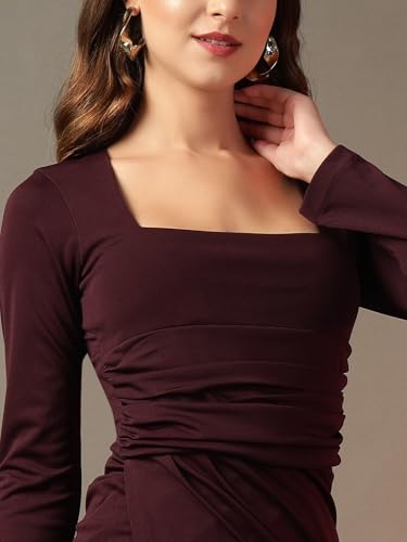 Image of Trend Arrest.ed Women's Bodycon Midi Dress | Square Neck Wrap Style | Stretchable | Full Sleeve Fitted Dress for Party, Evening, Casual Outings & Date Night