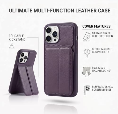 Image of amazon basics Luxury Vegan Leather Back Cover for iPhone 15 Pro | Built-in Card Holder Slot | Integrated Mobile Stand | Slim Shockproof Protective Case with Stitched Finish - Purple