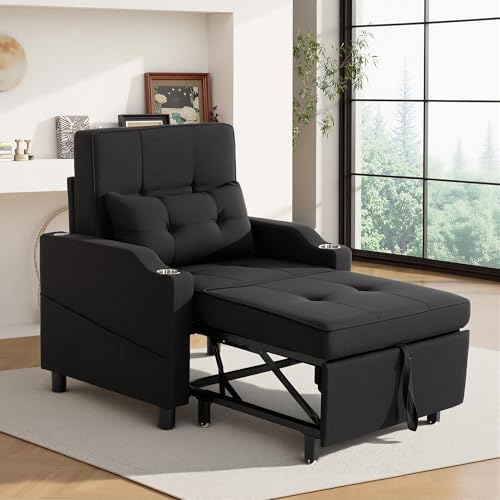 Image of Sleeper Chair,Single Armchair Sofa with Pillow,Adjustable Backrest Recliner Sofa Modern Pull Out Couch Bed with USB Port Cup Holder Side Pocket for Living Room Bedroom(Black)