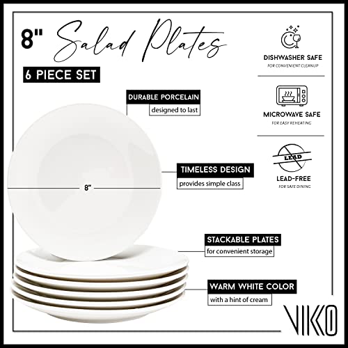 Vikko Salad Plate, Set Of 6 White Plates, Fine Porcelain, Stackable 8 Inch Salad Plates, Dishwasher Safe #TOP1