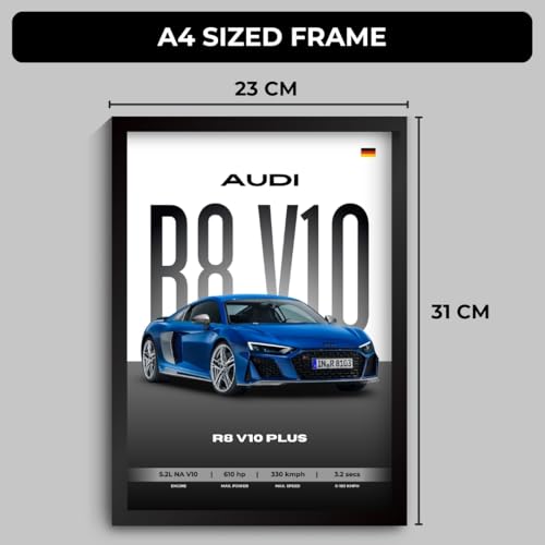 Image of Audi R8 Poster | Framed A4 Sized (31 x 23 cm) | Car Posters for Wall, Gift for Boys | Supercar Frames | Audi Poster R8 V10 Plus Sportscar Frame | Car Posters for Wall, Bedroom, Hostel, Study Room (F 126)