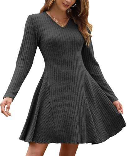 AUSELILY Herbstkleid Damen Leichte Strickkleid A Linie Langarm Kleid Herbst V Ausschnitt Winterkleid Elegant Pulloverkleid Dunkelgrau M