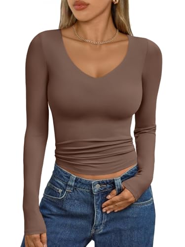 Image of Trendy Queen Womens V Neck Long Sleeve Shirt 2025 Fall Fitted Crop Top Going Out Basic Tee Y2k Clothes CoGrey L