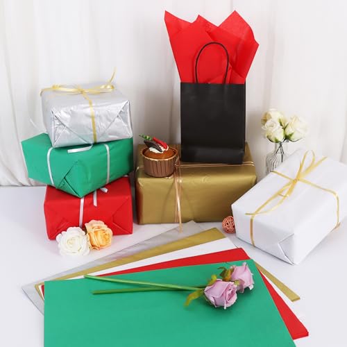 Image of BEISHIDA 100 Sheets Christmas Tissue Paper Bulk, Red Green White Silver Gold Wrapping Tissue Paper for Gift Bags, 14 x 20 Inch Gift Wrap for Party Decoration DIY Crafts Holiday Flowers