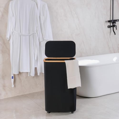 Image of efluky Slim Laundry Basket with Wheels, Narrow Rolling Laundry Hamper with Lid and Removable Bag, Aesthetic Dirty Clothes Hamper on Wheels for Laundry Room, Bedroom, Dorm and Bathroom, 75L Dark Black