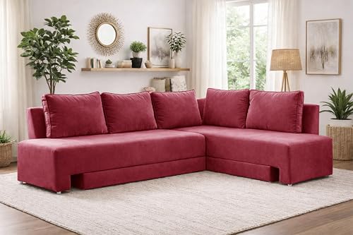 Image of Rosebell L-Shape 5 Seater Sofa Cum Bed, Sectional Couch with Cushions, Space Saving Corner Sofa, Modern Foldable Seating & Sleeping Solution for Living Room, Guest Room & Small Spaces - Red Color