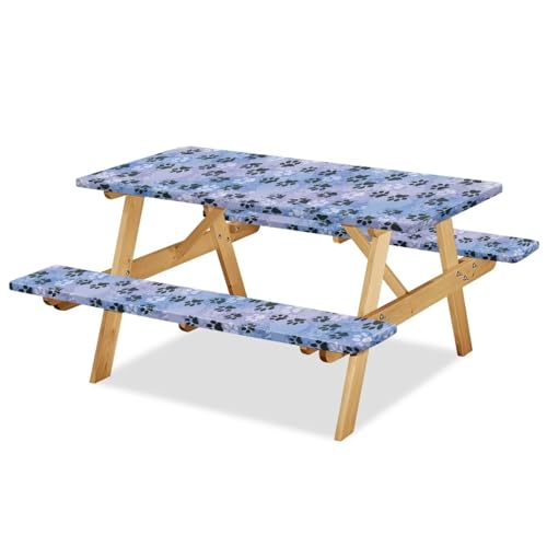 Eheartsgir Dog Paws Print Table Cover and Bench Covers Fitted Camping Tablecloth Water Resistant Durable Fabric Cover for Indoor & Outdoor Dining Picnic 72 Inch 3 Pcs Set