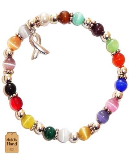 Hidden Hollow Beads Cancer Awareness Bracelet for Women Handmade in USA, Multi Color Ribbon Stretch Bead Jewelry, Survivor Support Gift, Caregiver Appreciation, Fundraiser Event Campaign Accessory (All Cancers Multi - 6mm Beads)
