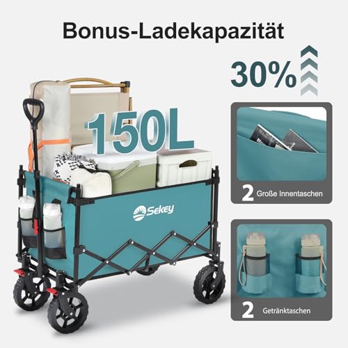 Sekey XXL Bollerwagen Faltbar Kinder 150L 150KG, Faltbarer Bollerwagen mit Dach Klappbarer Handwagen mit Sonnenschutz für Ausflug Strand Camping, Dach-S 4018, Grün
