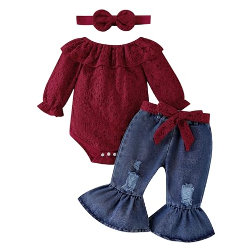 Image of FOCUTEBB Baby Girl Clothes Lace Off Shoulder Romper Flare Jeans Pants Headband and Belt 4pcs Outfit 3-24 Months