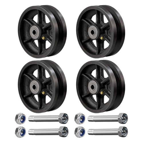 6" x 2" V-Groove Steel Wheel, 7/8" Wide 90° Groove Fits 1" Angle Iron Track, Heavy Duty Industrial Track Wheel with Relief Groove, High Load Capacity（4 Pack）